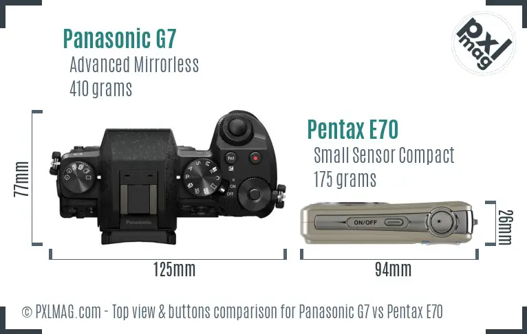 Panasonic G7 vs Pentax E70 top view buttons comparison