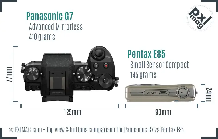 Panasonic G7 vs Pentax E85 top view buttons comparison