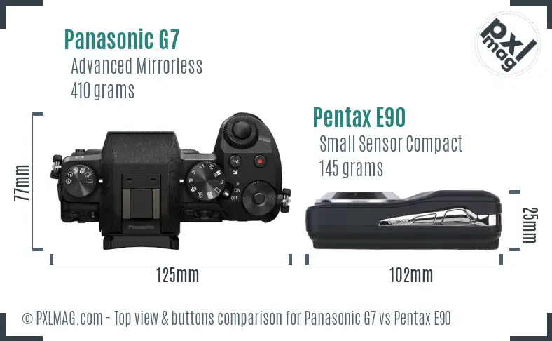 Panasonic G7 vs Pentax E90 top view buttons comparison