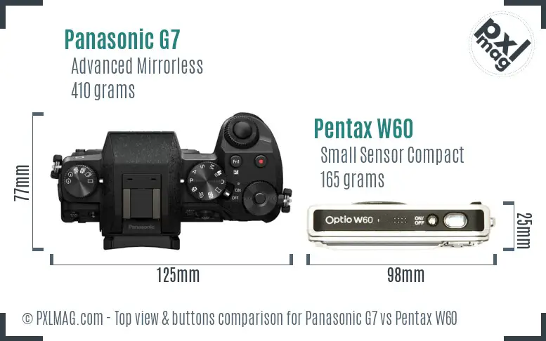 Panasonic G7 vs Pentax W60 top view buttons comparison