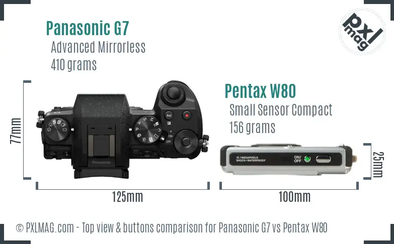 Panasonic G7 vs Pentax W80 top view buttons comparison