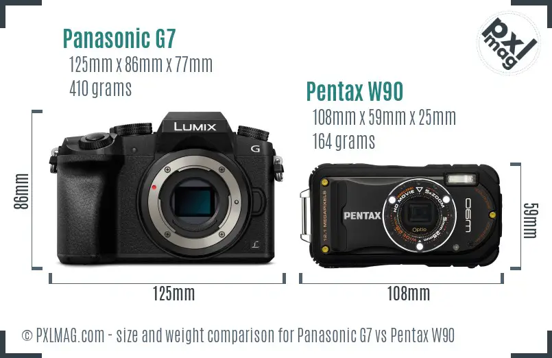 Panasonic G7 vs Pentax W90 size comparison