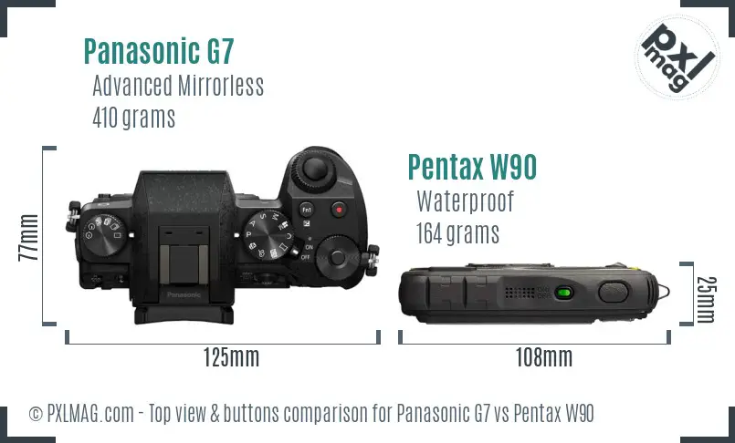 Panasonic G7 vs Pentax W90 top view buttons comparison