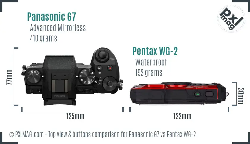 Panasonic G7 vs Pentax WG-2 top view buttons comparison