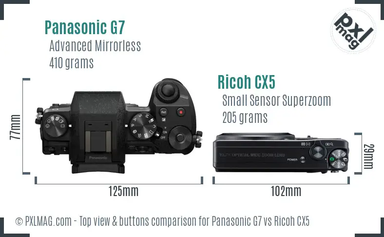 Panasonic G7 vs Ricoh CX5 top view buttons comparison Panasonic G7 vs Ricoh CX5 top view buttons comparison
