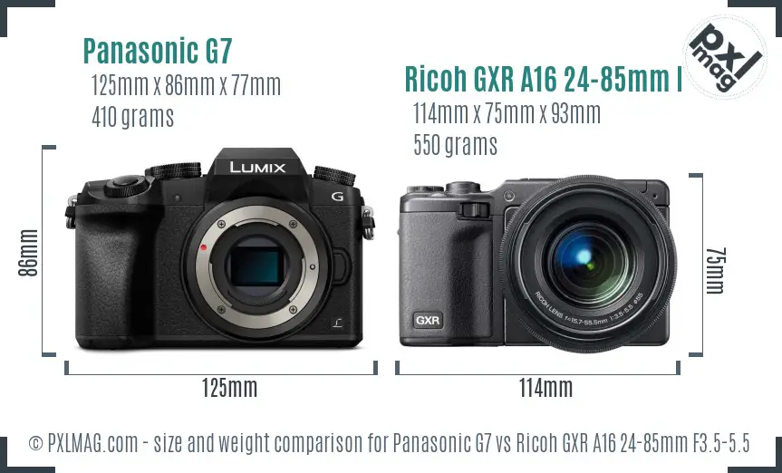 Panasonic G7 vs Ricoh GXR A16 24-85mm F3.5-5.5 size comparison