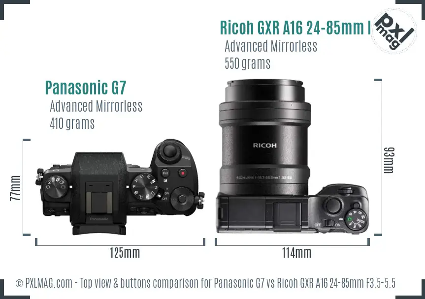 Panasonic G7 vs Ricoh GXR A16 24-85mm F3.5-5.5 top view buttons comparison