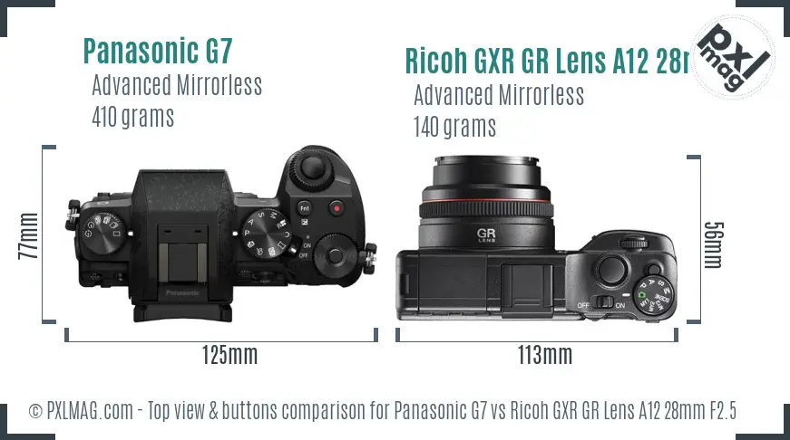 Panasonic G7 vs Ricoh GXR GR Lens A12 28mm F2.5 top view buttons comparison