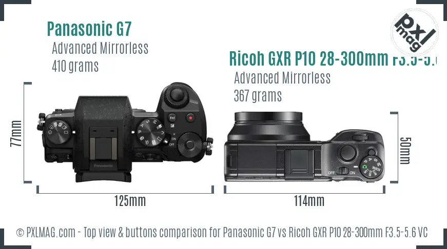 Panasonic G7 vs Ricoh GXR P10 28-300mm F3.5-5.6 VC top view buttons comparison