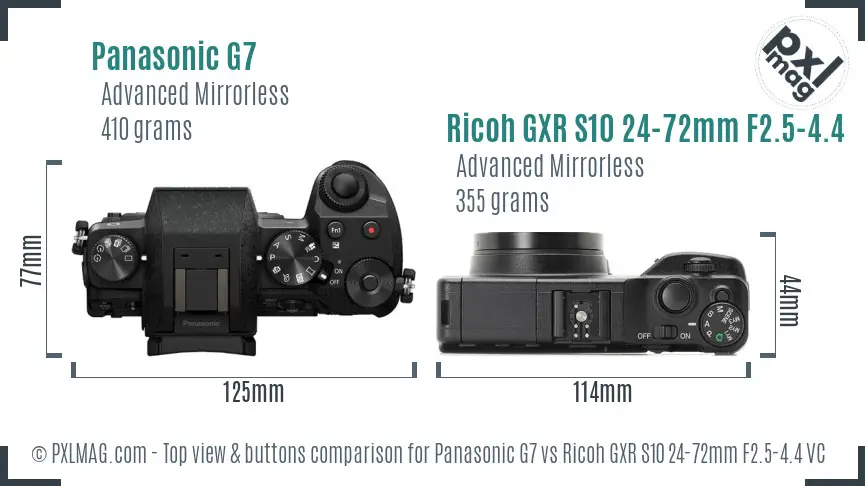 Panasonic G7 vs Ricoh GXR S10 24-72mm F2.5-4.4 VC top view buttons comparison