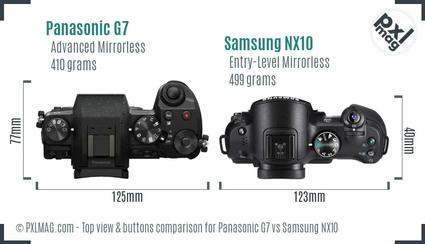 Panasonic G7 vs Samsung NX10 top view buttons comparison