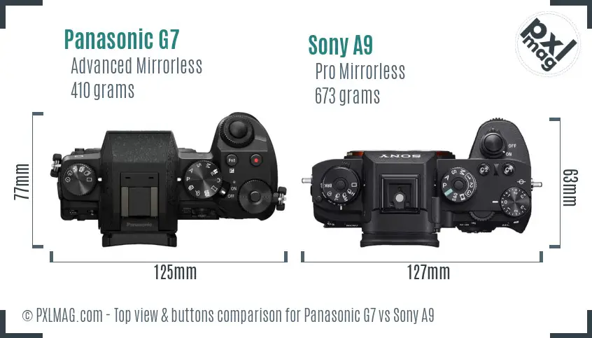 Panasonic G7 vs Sony A9 top view buttons comparison Panasonic G7 vs Sony A9 top view buttons comparison