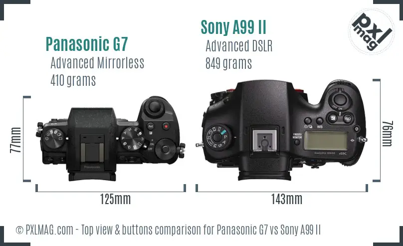 Panasonic G7 vs Sony A99 II top view buttons comparison