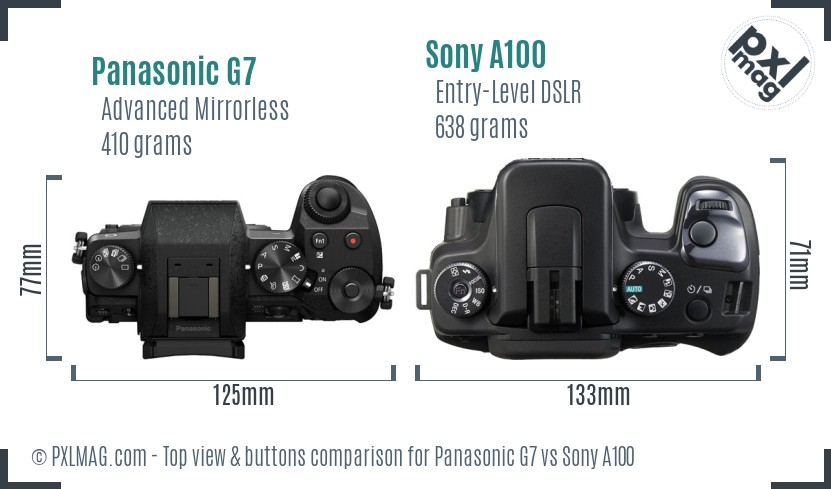 Panasonic G7 vs Sony A100 top view buttons comparison