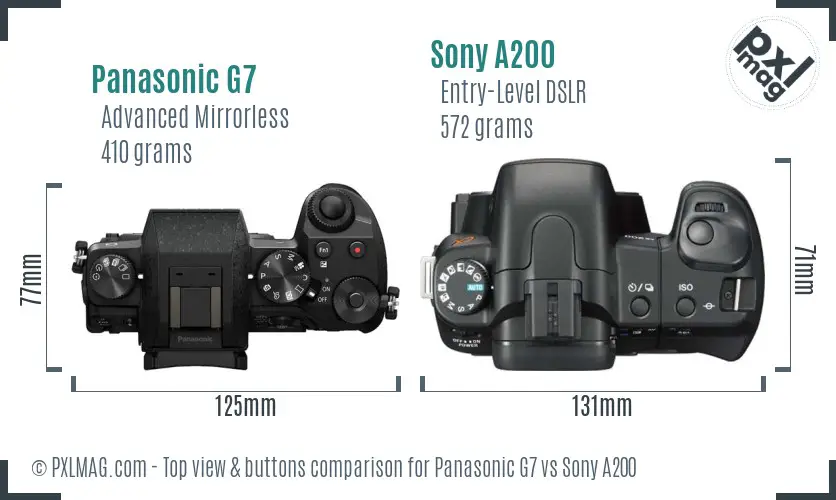 Panasonic G7 vs Sony A200 top view buttons comparison Panasonic G7 vs Sony A200 top view buttons comparison