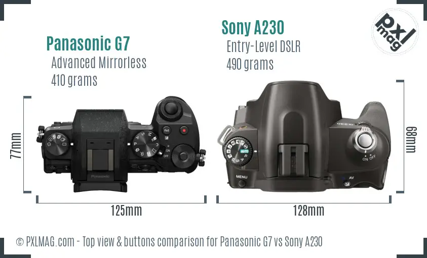 Panasonic G7 vs Sony A230 top view buttons comparison Panasonic G7 vs Sony A230 top view buttons comparison
