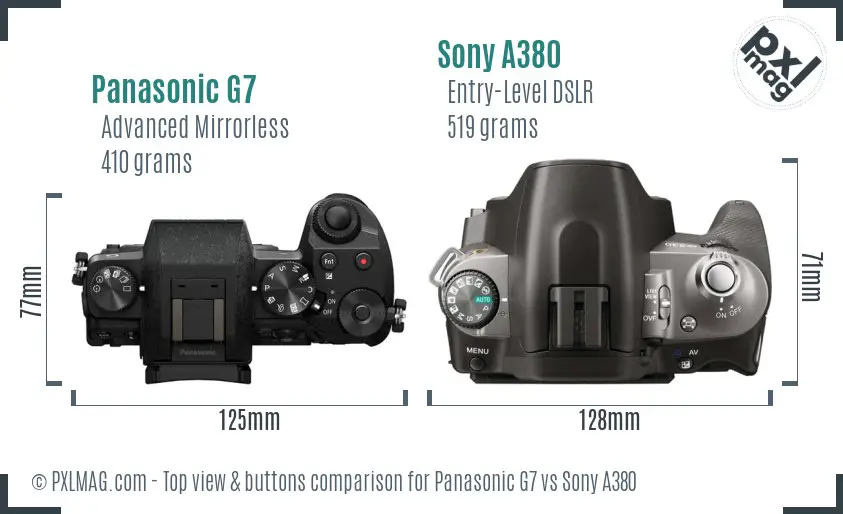 Panasonic G7 vs Sony A380 top view buttons comparison