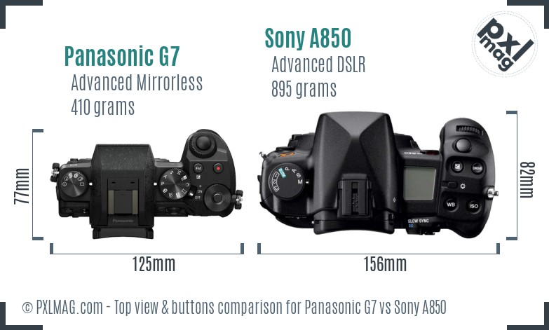 Panasonic G7 vs Sony A850 top view buttons comparison