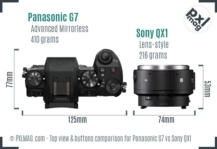 Panasonic G7 vs Sony QX1 top view buttons comparison