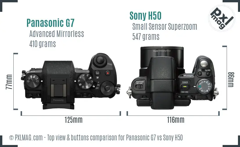 Panasonic G7 vs Sony H50 top view buttons comparison Panasonic G7 vs Sony H50 top view buttons comparison