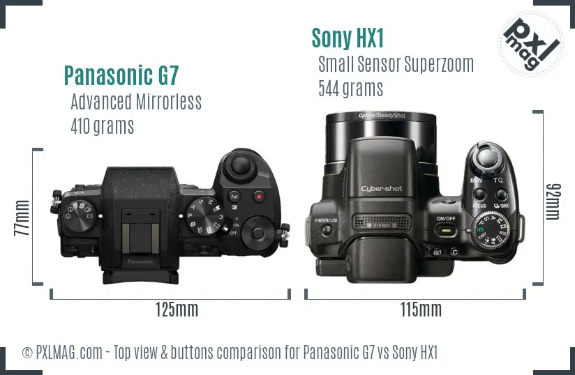 Panasonic G7 vs Sony HX1 top view buttons comparison