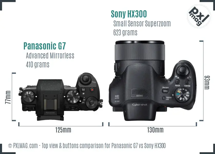 Panasonic G7 vs Sony HX300 top view buttons comparison