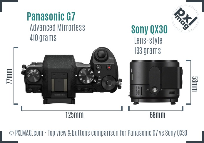 Panasonic G7 vs Sony QX30 top view buttons comparison