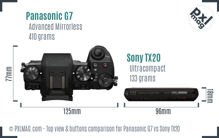 Panasonic G7 vs Sony TX20 top view buttons comparison