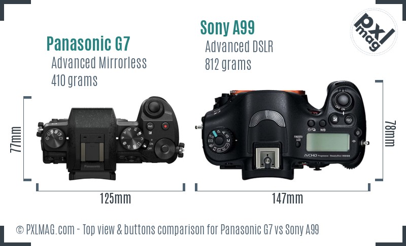 Panasonic G7 vs Sony A99 top view buttons comparison