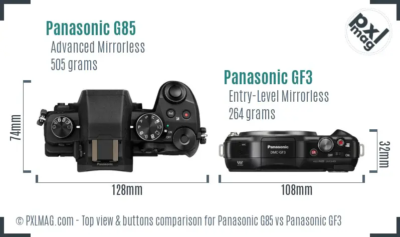 Panasonic G85 vs Panasonic GF3 top view buttons comparison