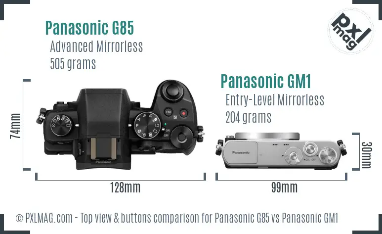 Panasonic G85 vs Panasonic GM1 top view buttons comparison