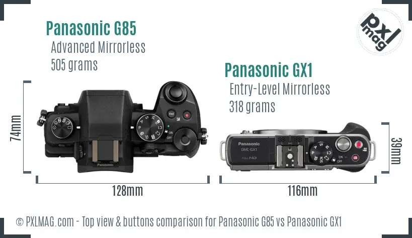 Panasonic G85 vs Panasonic GX1 top view buttons comparison