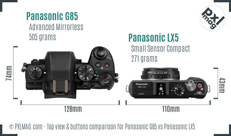 Panasonic G85 vs Panasonic LX5 top view buttons comparison