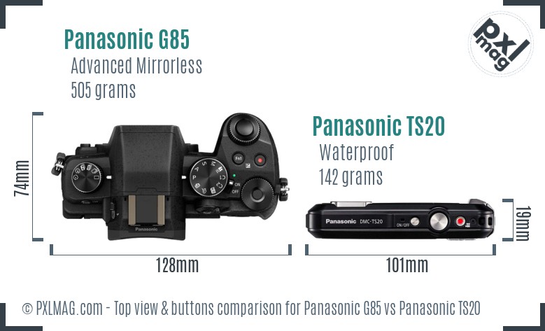 Panasonic G85 vs Panasonic TS20 top view buttons comparison