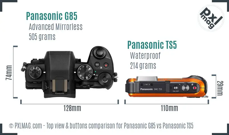 Panasonic G85 vs Panasonic TS5 top view buttons comparison