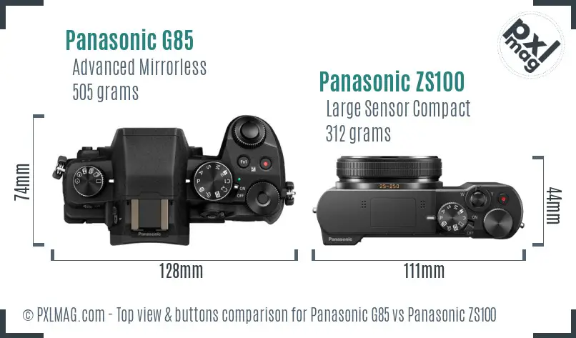 Panasonic G85 vs Panasonic ZS100 top view buttons comparison