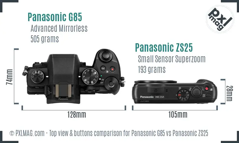 Panasonic G85 vs Panasonic ZS25 top view buttons comparison