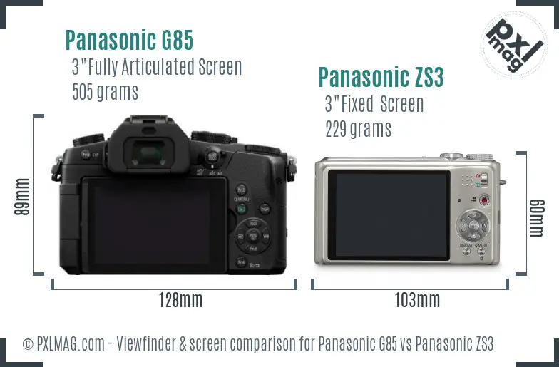 Panasonic G85 vs Panasonic ZS3 Screen and Viewfinder comparison