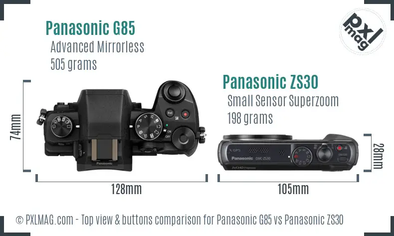 Panasonic G85 vs Panasonic ZS30 top view buttons comparison