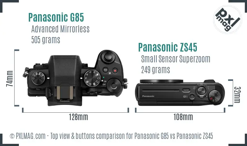 Panasonic G85 vs Panasonic ZS45 top view buttons comparison