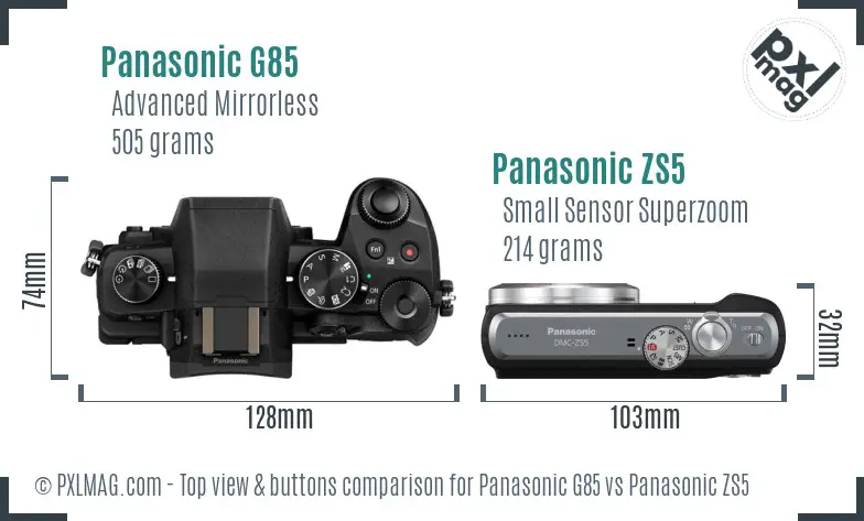Panasonic G85 vs Panasonic ZS5 top view buttons comparison
