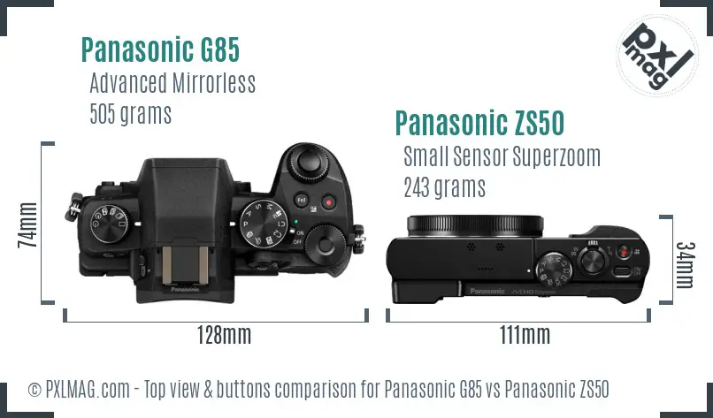 Panasonic G85 vs Panasonic ZS50 top view buttons comparison