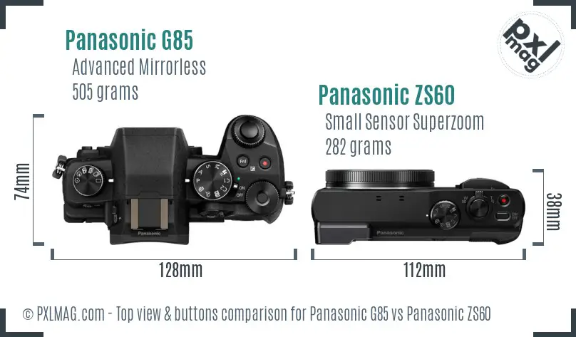 Panasonic G85 vs Panasonic ZS60 top view buttons comparison
