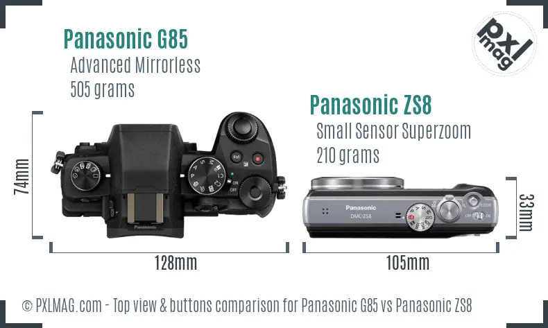 Panasonic G85 vs Panasonic ZS8 top view buttons comparison