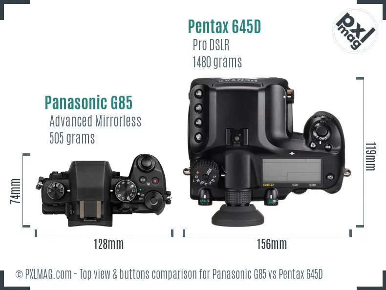 Panasonic G85 vs Pentax 645D top view buttons comparison