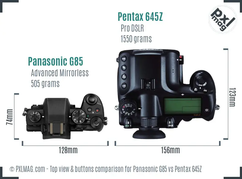 Panasonic G85 vs Pentax 645Z top view buttons comparison
