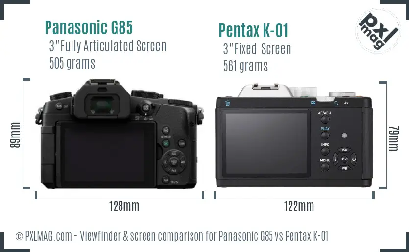 Panasonic G85 vs Pentax K-01 Screen and Viewfinder comparison