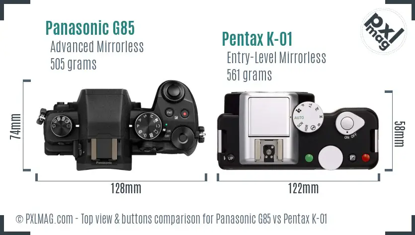 Panasonic G85 vs Pentax K-01 top view buttons comparison