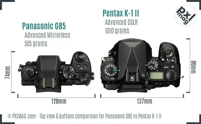 Panasonic G85 vs Pentax K-1 II top view buttons comparison