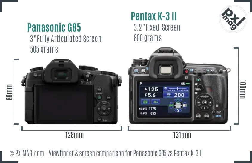 Panasonic G85 vs Pentax K-3 II Screen and Viewfinder comparison